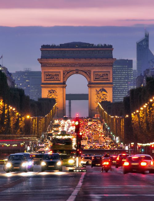 Paris,,Champs-elysees,At,Night.,Car,Traffic,Jam,On,Street,Near